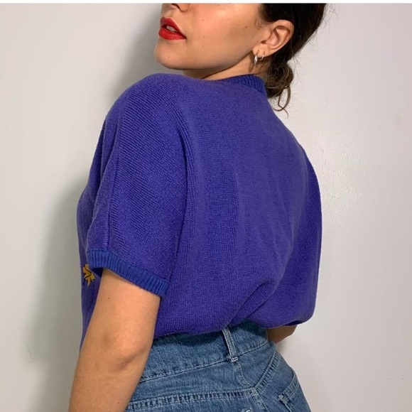 VINTAGE LILIAC KNIT FLOWER EMBROIDERED BIGGEST PUFFY SHORT SLEEVE SWEATER - Picture 3 of 4